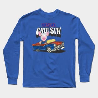 Adorable and cute Pig driving a funny and vintage car through the USA Long Sleeve T-Shirt